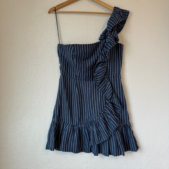 Alexis womens Konner One-Shoulder Linen Blend Striped Mini Dress size large - Picture 2 of 8